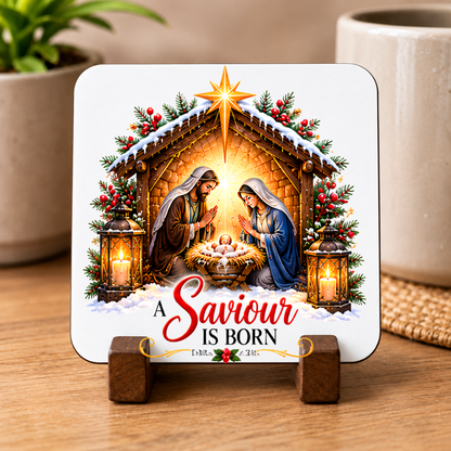 Christmas Nativity Hardboard Coaster "A Saviour Is Born" Graphic 9cm x 9cm Square Drinks Coaster “ Holy Family Manger Scene with Star of Bethlehem & Dual Candle Lanterns Novelty Mat | Christian Glossy Gift | Fast Dispatch by UK Seller (C3034)