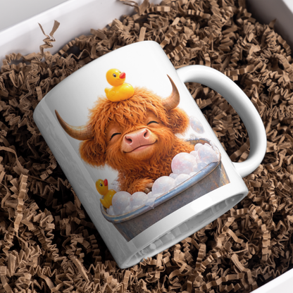 Cute Baby Highland Cow in Bubble Bath Coffee Mug - Rubber Duck Farm Animal Ceramic Tea Cup for Relaxation & Bath Time Gift (M1218)