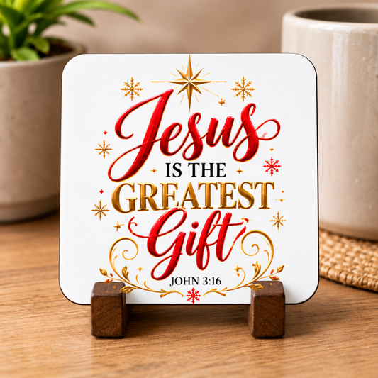 Festive Christian Christmas Coaster "Jesus Is the Greatest Gift John 3:16" Graphic Glossy Hardboard 9x9cm Drinks Mat – Golden & Red Script Bible Verse Holiday Tableware Gift | Fast Dispatch by UK Seller (C3054)
