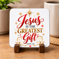 Festive Christian Christmas Coaster "Jesus Is the Greatest Gift John 3:16" Graphic Glossy Hardboard 9x9cm Drinks Mat – Golden & Red Script Bible Verse Holiday Tableware Gift | Fast Dispatch by UK Seller (C3054)