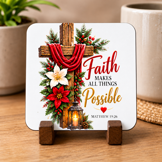Inspirational Religious Hardboard Coaster "Faith Makes All Things Possible" Graphic 9cm x 9cm Square Drinks Coaster “ Rustic Wooden Cross wi