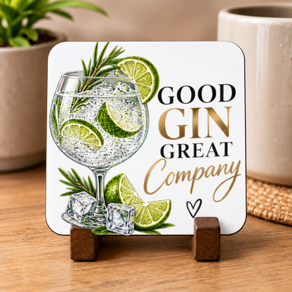 Refreshing Gin Hardboard Coaster "Good Gin Great Company" Graphic 9cm x 9cm Square Drinks Coaster “ Gin Copa Glass with Lime Wedges, Rosemary Sprig & Ice Cubes Novelty Mat | Elegant Glossy Gift for Gin Lovers | Fast Dispatch by UK Seller (C3008)