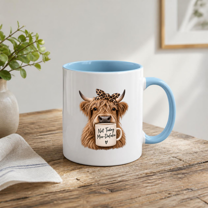 Sarcastic Mug "Not Today Moo-Dafaka" Highland Cow 325ml Ceramic Coffee Mug Funny Cow Tea Cup with Leopard Print Bow & Mini Mug Graphic Gift | Available in Multicolours | Fast Dispatch by UK Seller (M3006)