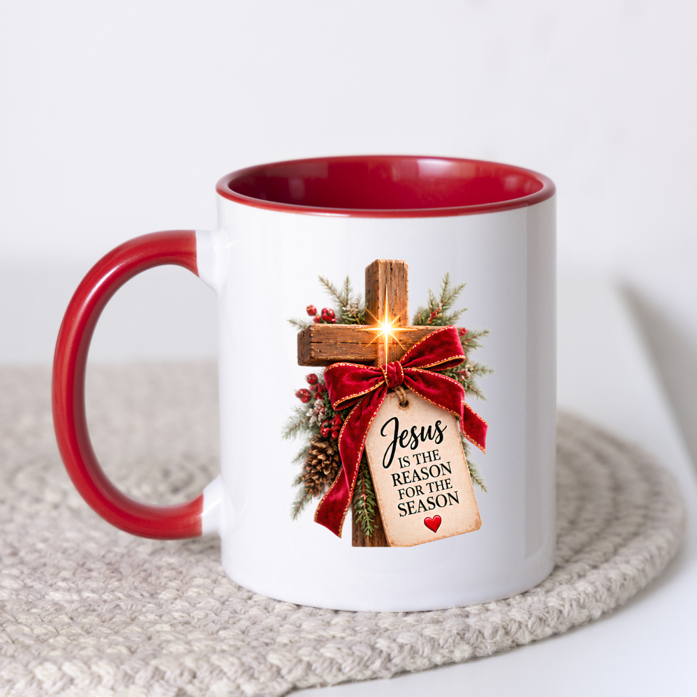 Christmas Mug "Jesus Is The Reason For The Season Wooden Cross" 325ml Ceramic Coffee Mug – Rustic Wooden Cross With Velvet Bow Pine Red Berries Christian Holiday Gift | Available in Multicolours | Fast Dispatch by UK Seller (M3297)