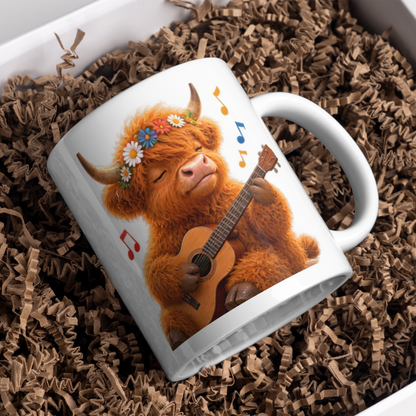Highland Cow Playing Guitar Ceramic Coffee Mug - Cute Fluffy Farm Animal Flower Crown Tea Cup for Musicians & Music Lovers (M1219)
