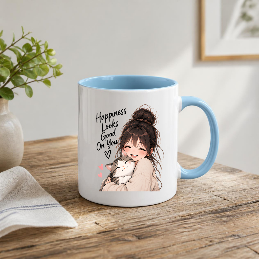 Inspirational Anime Mug "Happiness Looks Good On You" Cute Anime Girl & Cat 325ml Ceramic Coffee Mug Wholesome Kitten Tea Cup with Cute Girl Hugging Cat Graphic Gift | Available in Multicolours | Fast Dispatch by UK Seller (M3024)