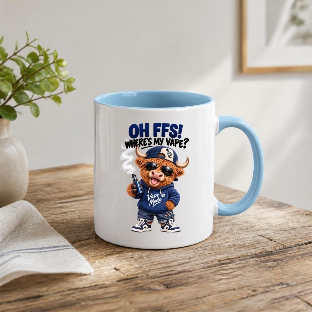Funny Mug Highland Cow "Where's My V" Coffee Mug - Sarcastic Meme Animal Ceramic Tea Cup & Novelty Gift 350ml | Available in Multicolours | Fast Dispatch by UK Seller (M1205)