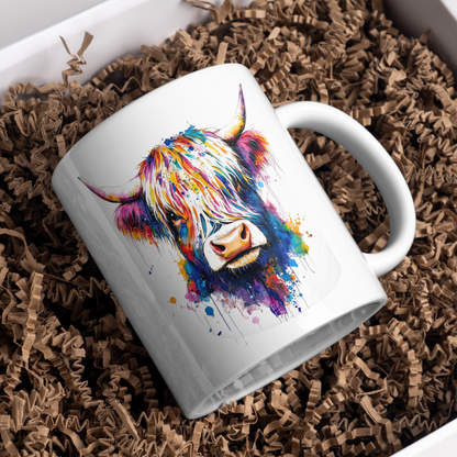 Colorful Watercolor Splash Highland Cow Ceramic Coffee Mug (M1209)