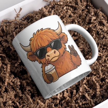 Cool Highland Cow Drinking Iced Coffee Mug - Cute Animated Farm Animal Ceramic Tea Cup with Sunglasses & Peace Sign (M1203)