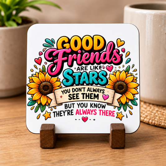 Best Friends Coaster "Good Friends Are Like Stars You Don't Always See Them But You Know They're Always There" Graphic Glossy Hardboard 9x9cm Drinks Mat – Sunflower Bestie Quotes Holiday Tableware Gift | Fast Dispatch by UK Seller (C3066)