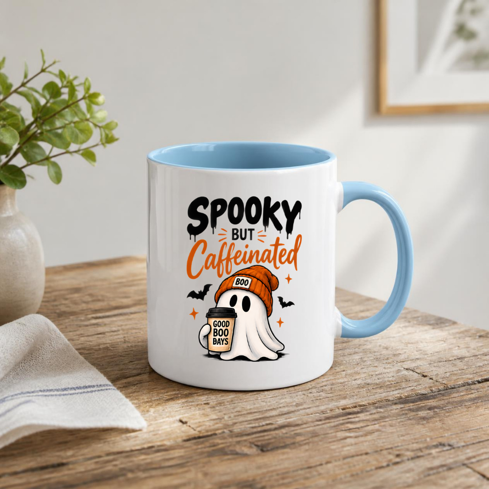 Halloween Mug "SPOOKY BUT Caffeinated" Cute Ghost 325ml Ceramic Coffee Mug – Novelty Autumn Beanie Ghost Tea Cup with Coffee Cup & Bats Graphic Gift | Available in Multicolours | Fast Dispatch by UK Seller (M3068)