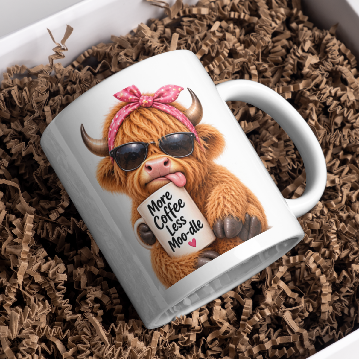 Sassy Mug Highland Cow "More Coffee Less Moo-dle" Ceramic Coffee Mug - Funny Farm Animal with Pink Headband & Sunglasses Tea Cup Gift 350ml | Available in Multicolours | Fast Dispatch by UK Seller (M1222)