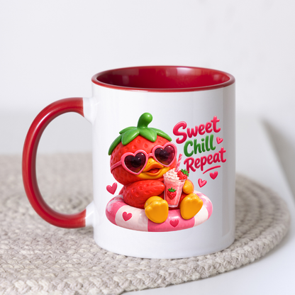 Summer Mug "Sweet Chill Repeat Strawberry Duck" 325ml Ceramic Coffee Mug – Cute Strawberry Duck in Heart Sunglasses on Pool Float With Milkshake Summer Gift For Friends Family | Available in Multicolours | Fast Dispatch by UK Seller (M3246)