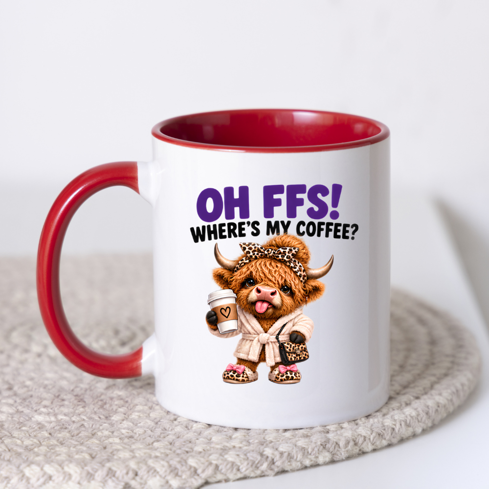 Highland Cow Coffee Mug "OH FFS! Where's My Coffee?" Oh Ffs! Where's My Coffee? 325ml Ceramic Coffee Mug – Cute Highland Cow in Bathrobe with Leopard Bow, Slippers & Coffee Cup | Funny Gift | Fast Dispatch by UK Seller (M3377)