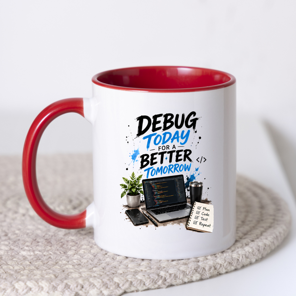 Tech Mug "Debug Today For A Better Tomorrow" Debug Today For A Better Tomorrow 325ml Ceramic Coffee Mug – Developer Desk Mug with Laptop Code, Smartphone & Plan Code Test Repeat Notepad | IT Gift | Fast Dispatch by UK Seller (M3331)