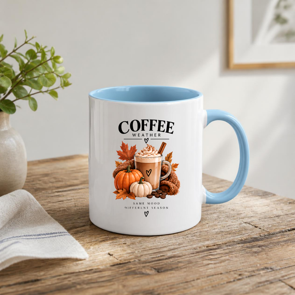 Cozy Autumn Pumpkin Spice Latte Mug "Coffee Weather: Same Mood Different Season" Graphic 325ml Ceramic Coffee Cup Autumn Drink with Whipped Cream Novelty Tea Cup | Cozy Fall Gift for Coffee Lovers | Available in Multicolours | Fast Dispatch (M3132)