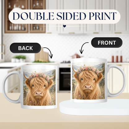 Fluffy Highland Cow Coffee Mug with Floral Crown - Cute Farmhouse Animal Ceramic Tea Cup for Rustic Kitchen Decor & Nature Lovers (M1202)