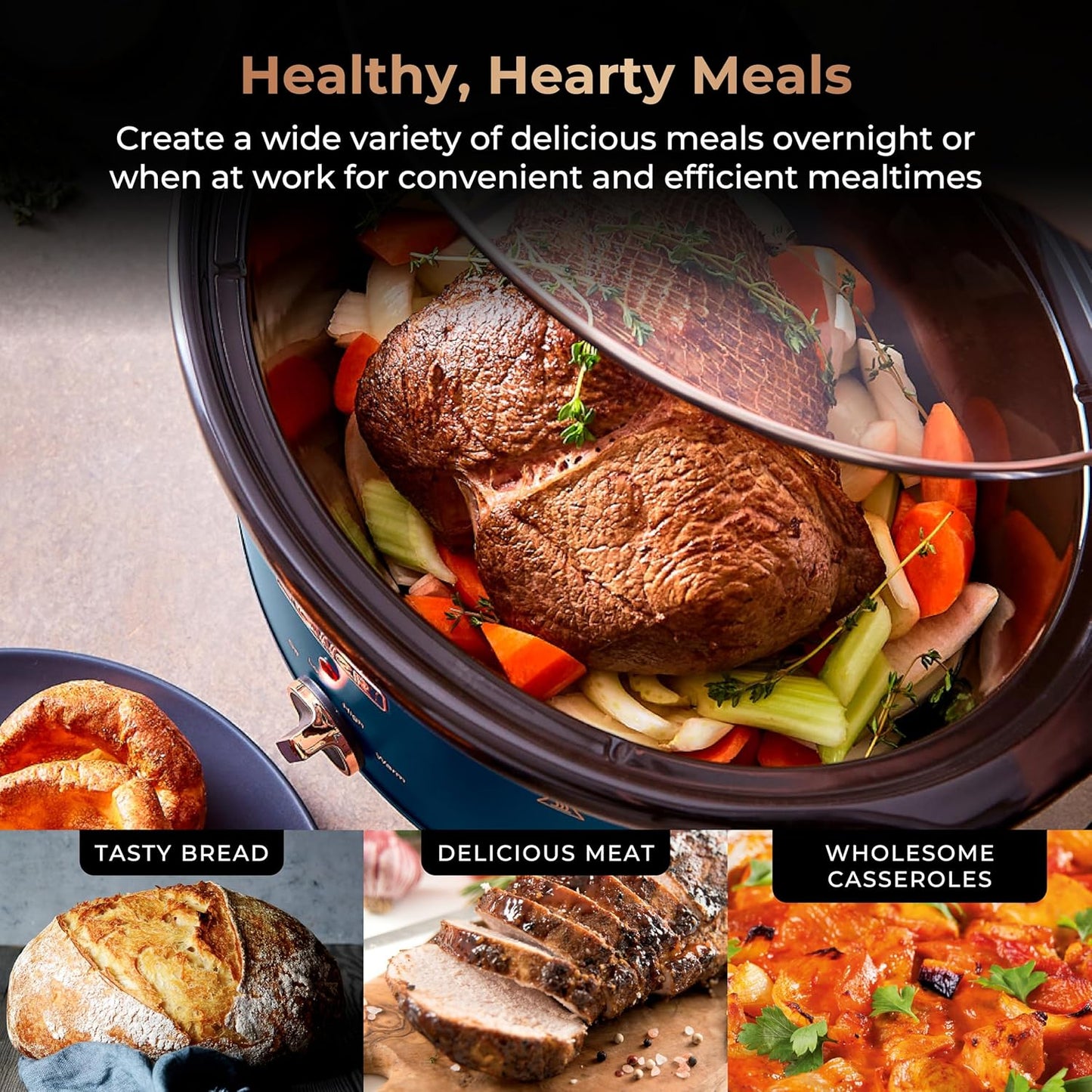Tested Tower Cavaletto 6.5 Litre Slow Cooker with 3 Heat Settings, Removable Dishwasher Safe Pot, Cool Touch Handles, Up to 8 Portions, Midnight Blue and Rose Gold