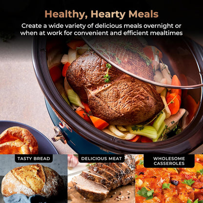 Tested Tower Cavaletto 6.5 Litre Slow Cooker with 3 Heat Settings, Removable Dishwasher Safe Pot, Cool Touch Handles, Up to 8 Portions, Midnight Blue and Rose Gold