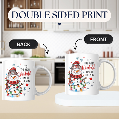 Festive Mug "Most Wonderful Time" Snowman Ceramic Coffee Mug – Cute Winter Holiday Tea Cup with Fairy Lights & Scarf Gift 350ml | Available in Multicolours | Fast Dispatch by UK Seller (M1234)