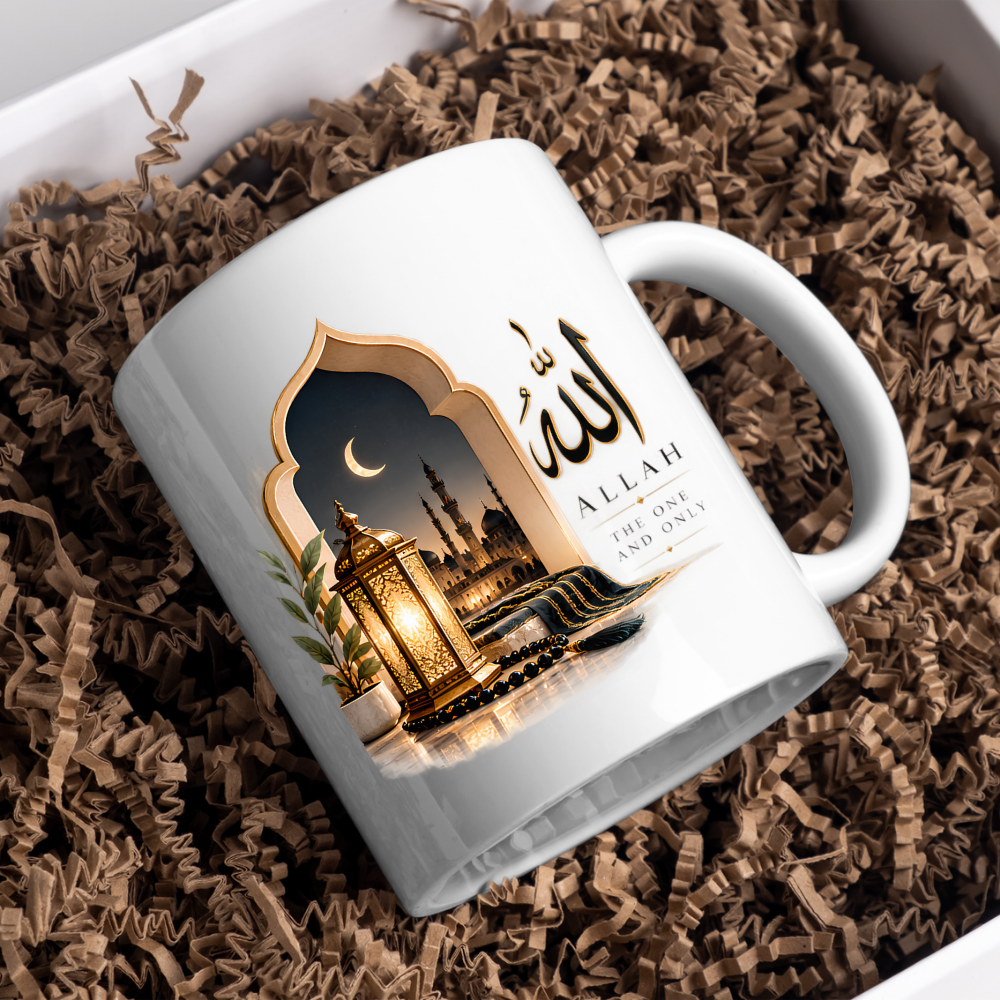 Islamic Mug "Allah The One And Only" Allah The One And Only 325ml Ceramic Coffee Mug – Elegant Arabic Calligraphy, Glowing Lantern & Mosque Archway Artwork | Islamic Spiritual Gift | Fast Dispatch by UK Seller (M3479)