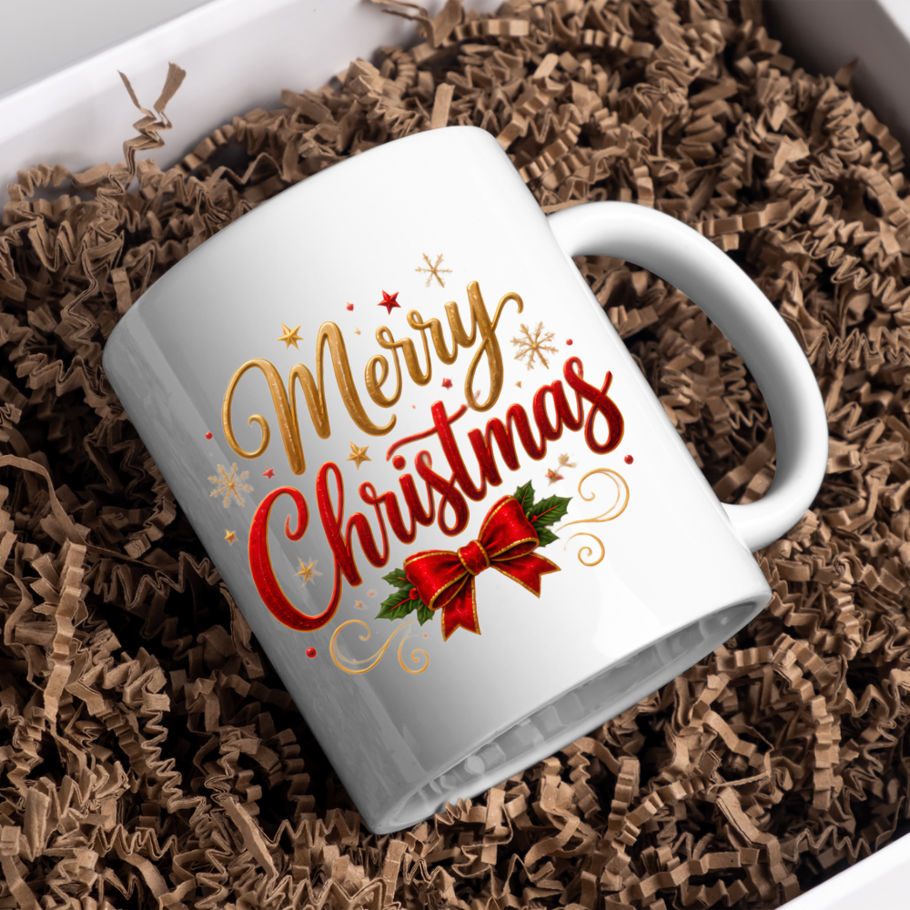 Christmas Mug "Merry Christmas Red Ribbon & Gold Stars" Merry Christmas 325ml Ceramic Coffee Mug – Festive Typography Mug with Red Bow, Holly Gold Stars Holiday Gift | Available in Multicolours | Fast Dispatch by UK Seller (M3311)