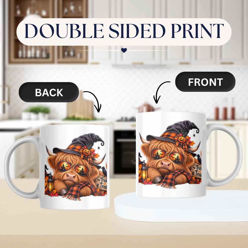 Cool Spooky Halloween Highland Cow Coffee Mug - "Trick or Treat" Jack-o'-Lantern & Witch Hat Ceramic Tea Cup for Fall Season Decor (M1213)