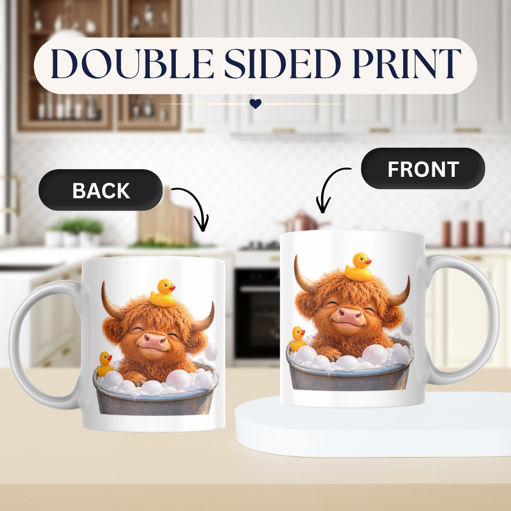 Cute Baby Highland Cow in Bubble Bath Coffee Mug - Rubber Duck Farm Animal Ceramic Tea Cup for Relaxation & Bath Time Gift (M1218)