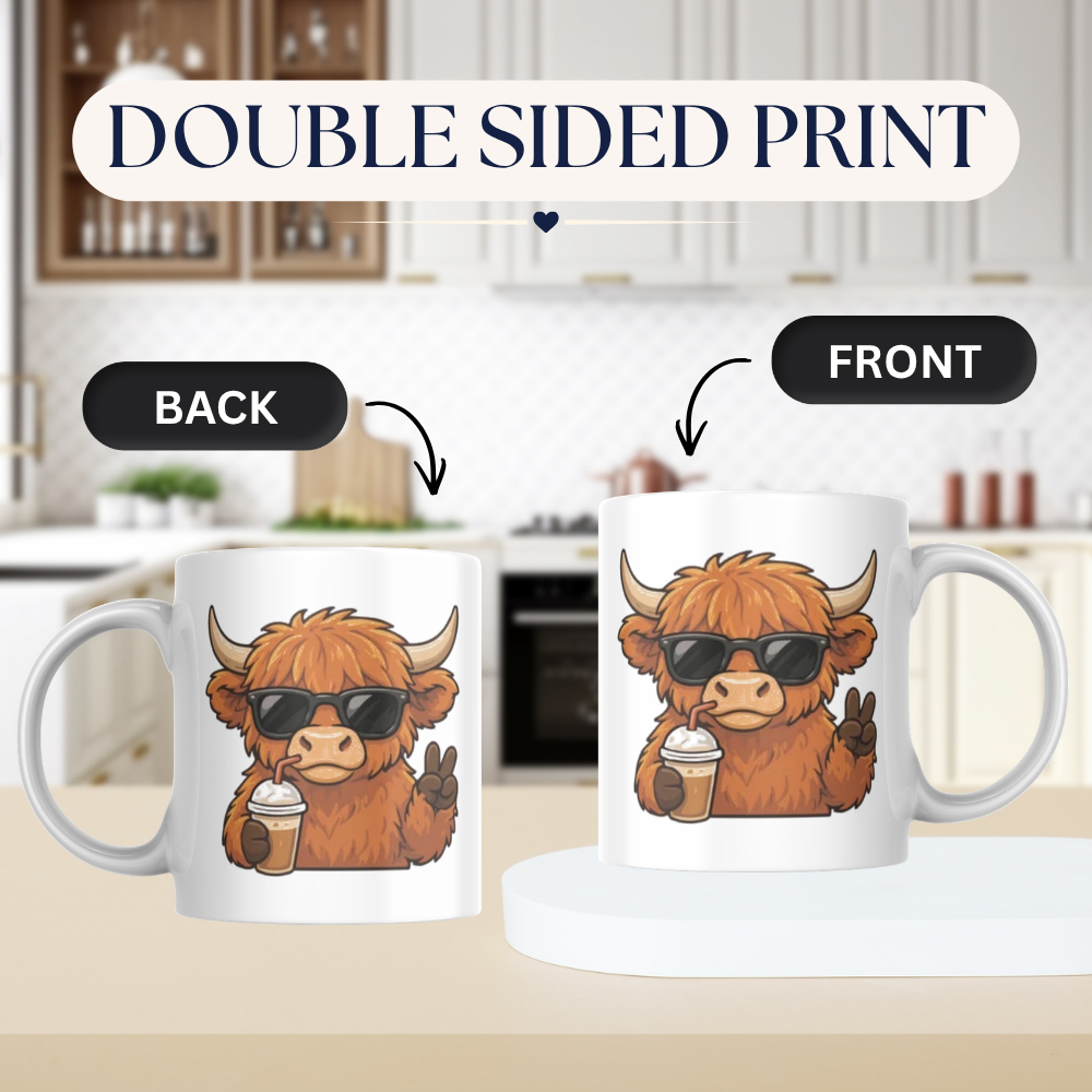 Cool Highland Cow Drinking Iced Coffee Mug - Cute Animated Farm Animal Ceramic Tea Cup with Sunglasses & Peace Sign (M1203)