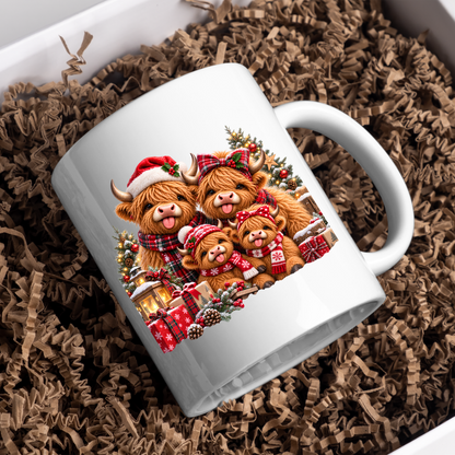 Christmas Highland Cow Family Mug Christmas Highland Cow Family 325ml Ceramic Coffee Mug – Festive Scottish Cows in Santa Hats, Bows & Scarves with Presents | Holiday Gift | Fast Dispatch by UK Seller (M3375)