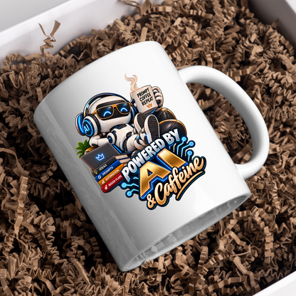 Tech Mug "Powered By AI & Caffeine" Powered By AI & Caffeine 325ml Ceramic Coffee Mug – Funny Robot Programmer Mug with Prompt Coffee Repeat & Tech Books | Gift for Techies | Fast Dispatch by UK Seller (M3323)