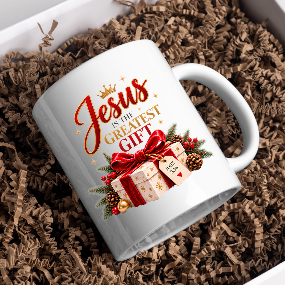Christmas Mug "Jesus Is The Greatest Gift John 3:16" Jesus Is The Greatest Gift 325ml Ceramic Coffee Mug – Festive Christian Typography Mug With Gift Box Crown Holiday Gift | Available in Multicolours | Fast Dispatch by UK Seller (M3317)