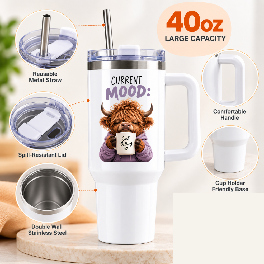 Cute Highland Cow Travel Tumbler "Current Mood: Just Chilling" Graphic 40oz Stainless Steel Insulated Travel Mug with Handle & Straw – Cozy Cow in Purple Hoodie with Coffee Mug Novelty Travel Cup | Fast Dispatch by UK Seller (T3027)