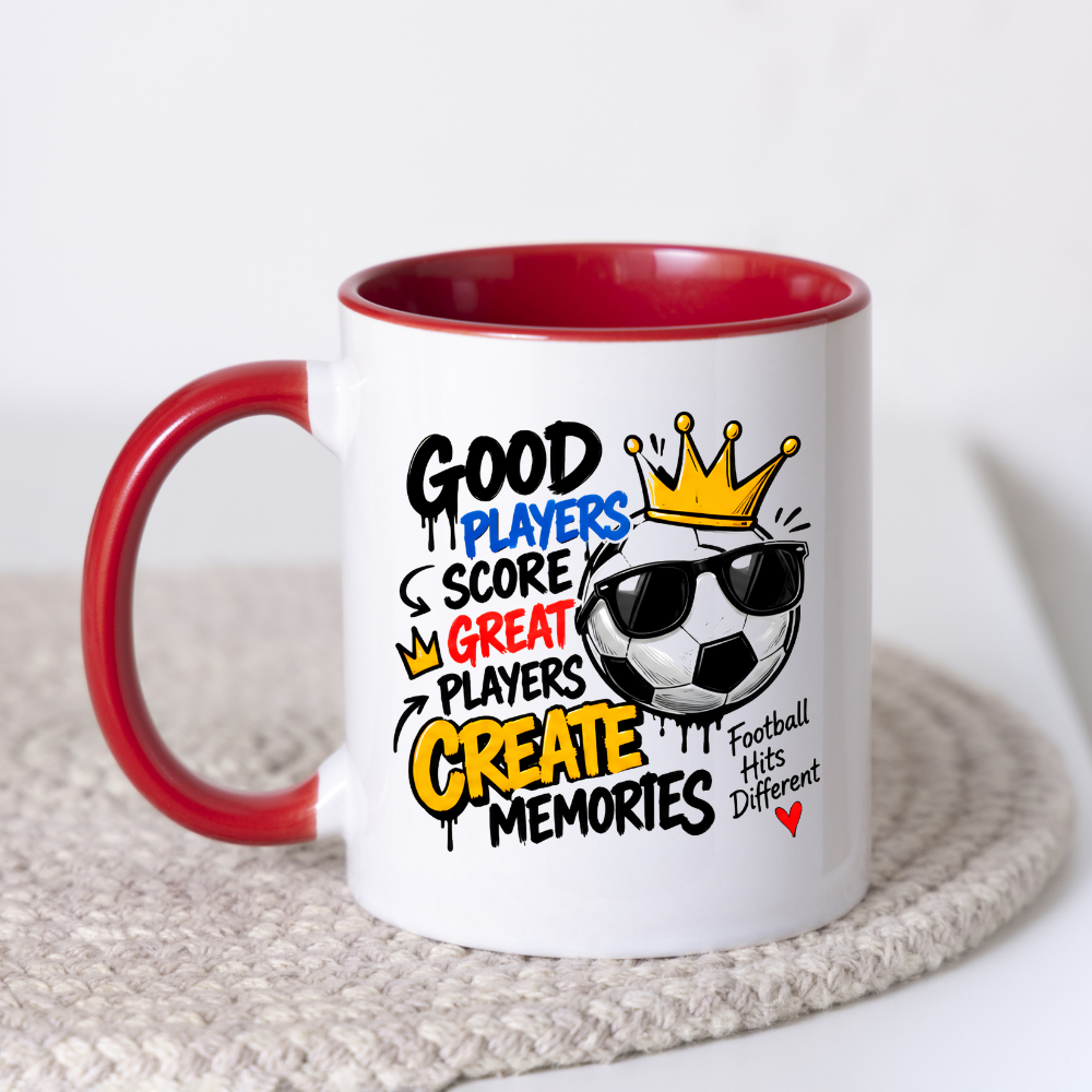 Football Mug "GOOD PLAYERS SCORE GREAT PLAYERS CREATE MEMORY" Cool Football 325ml Ceramic Coffee Mug – Sporty Football Tea Cup with Crown, Sunglasses & "Football Hits Different" Graphic Gift | Available in Multicolours | Fast Dispatch by UK Seller (M3092)