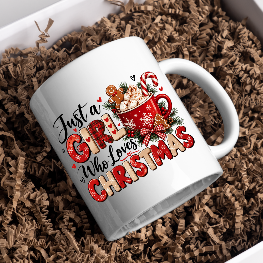 Christmas Mug "Just a Girl Who Loves Christmas" Festive Hot Chocolate Coffee Cup 350ml Ceramic, Cute Gingerbread Candy Cane Winter Gift for Her Mum Daughter Sister Girlfriend, Xmas Secret Santa Stocking Filler | Fast Dispatch by UK Seller (M1144)