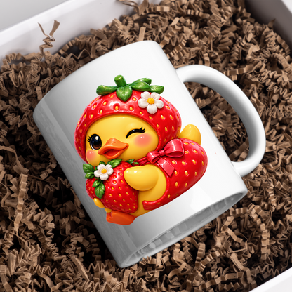 Cute Duck Mug "Winking Strawberry Duckling" Cute Winking Duckling in Strawberry Costume 325ml Ceramic Coffee Mug – Adorable Yellow Duck Hugging Fresh Strawberry Sweet Gift | Available in Multicolours | Fast Dispatch by UK Seller (M3289)