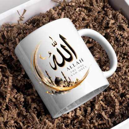 Islamic Mug "Allah The One And Only" Allah The One And Only 325ml Ceramic Coffee Mug – Elegant Arabic Calligraphy & Golden Crescent Moon Mosque Artwork | Islamic Spiritual Gift | Fast Dispatch by UK Seller (M3472)