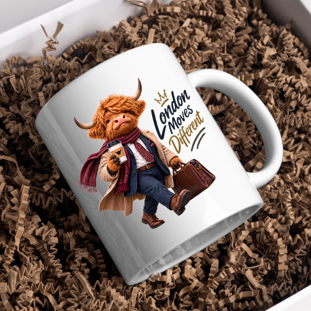 London Mug "London Moves Different Gentlemen Highland Cow" 325ml Ceramic Coffee Mug – Dapper Gentleman Highland Cow Commuter With Coffee Leather Briefcase Trench Coat Office Gift | Available in Multicolours | Fast Dispatch by UK Seller (M3283)