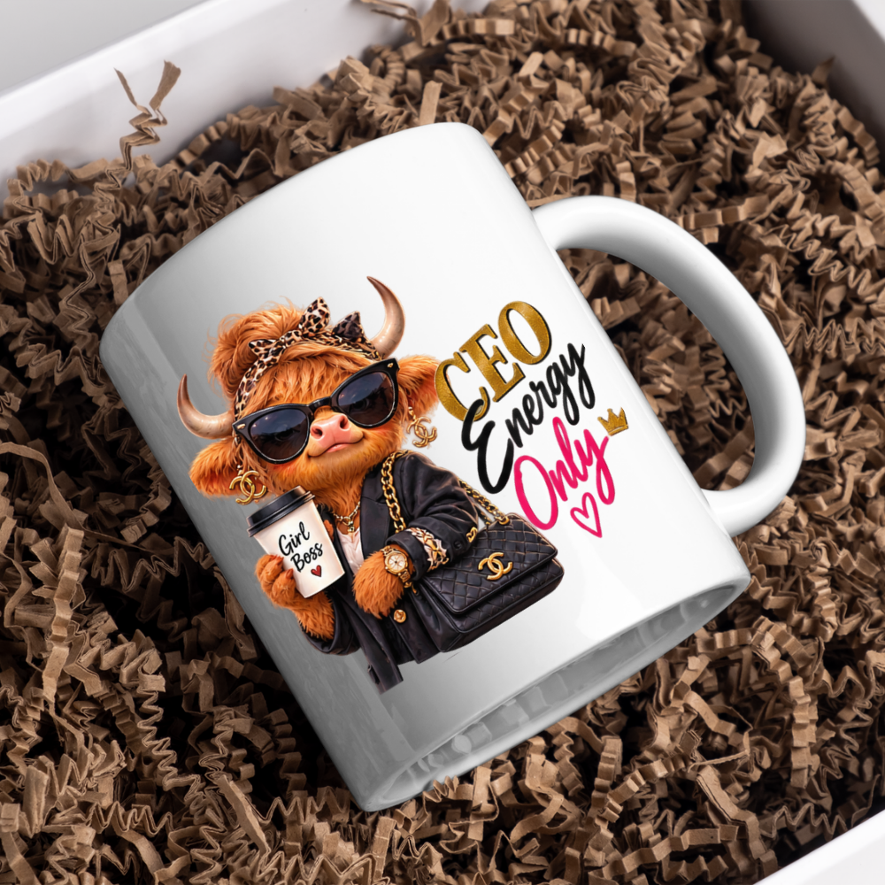 Boss Lady Mug "CEO Energy Only Highland Cow" CEO Energy Only Highland Cow 325ml Ceramic Coffee Mug – Glamorous Girl Boss Tea Cup with Sunglasses Leopard Headband Coffee Graphic Gift | Available in Multicolours | Fast Dispatch by UK Seller (M3194)
