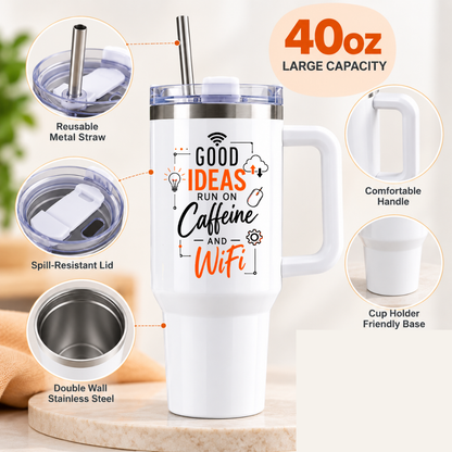 Funny Office Tech Travel Tumbler "GOOD IDEAS RUN ON Caffeine AND WiFi" Graphic 40oz Stainless Steel Insulated Travel Mug with Handle & Straw – Lightbulb, Cloud, Mouse & Gear Icons Novelty Gift for Coders & Office | Fast Dispatch by UK Seller (T3054)