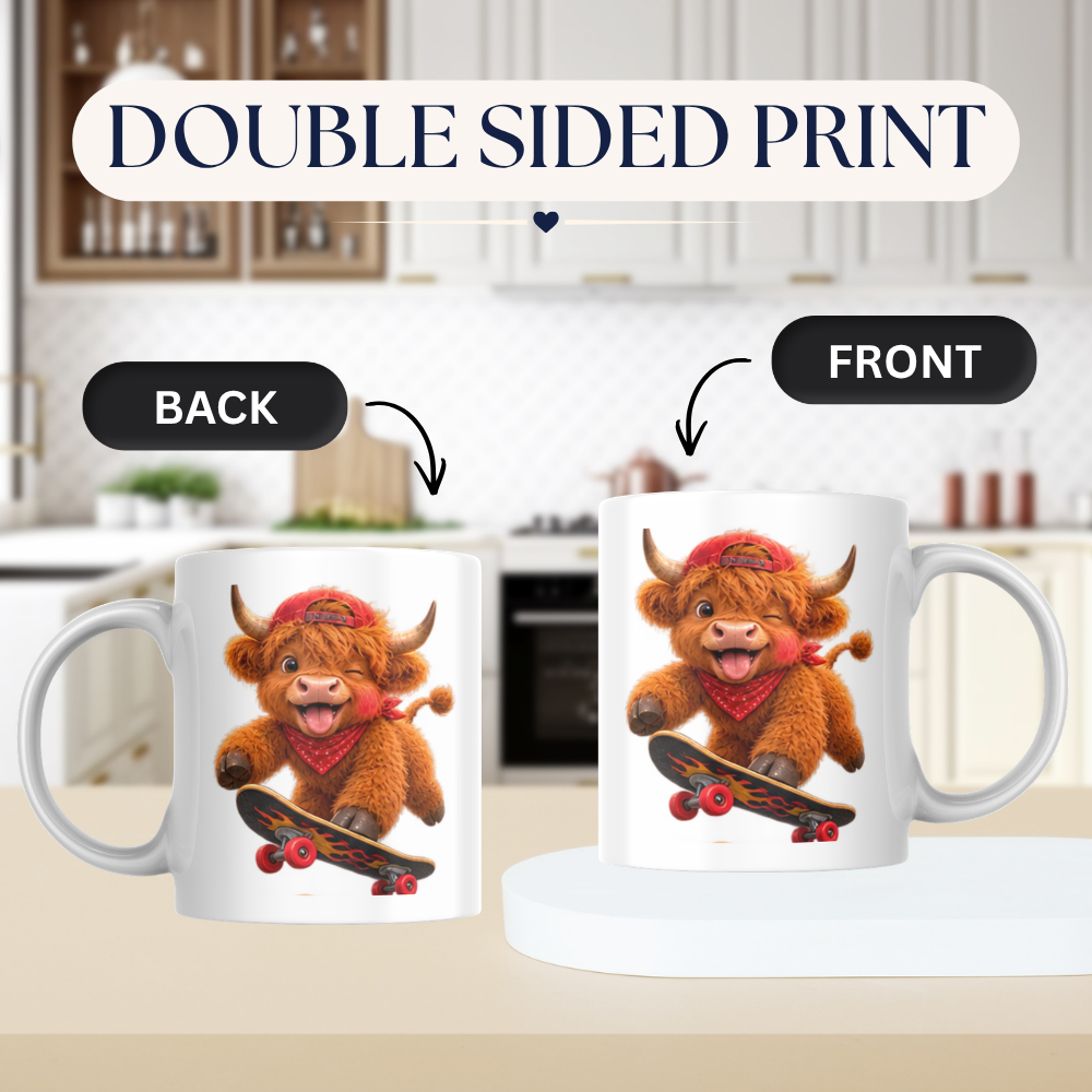 Skateboard Highland Cow Ceramic Coffee Mug - Cool Fluffy Farm Animal Baseball Cap & Bandana Tea Cup for Skaters & Animal Lovers (M1220)