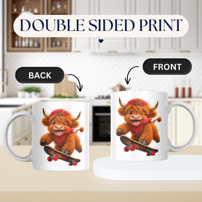 Skateboard Highland Cow Ceramic Coffee Mug - Cool Fluffy Farm Animal Baseball Cap & Bandana Tea Cup for Skaters & Animal Lovers (M1220)