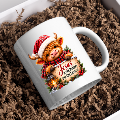 Religious Christmas Mug "Jesus Is The Reason For The Season" Highland Cow Jesus Is The Reason For The Season 325ml Ceramic Coffee Mug – Cute Highland Cow Santa Mug with Sign, Lantern & Berries | Festive Religious Gift | Fast Dispatch by UK Seller (M3351)