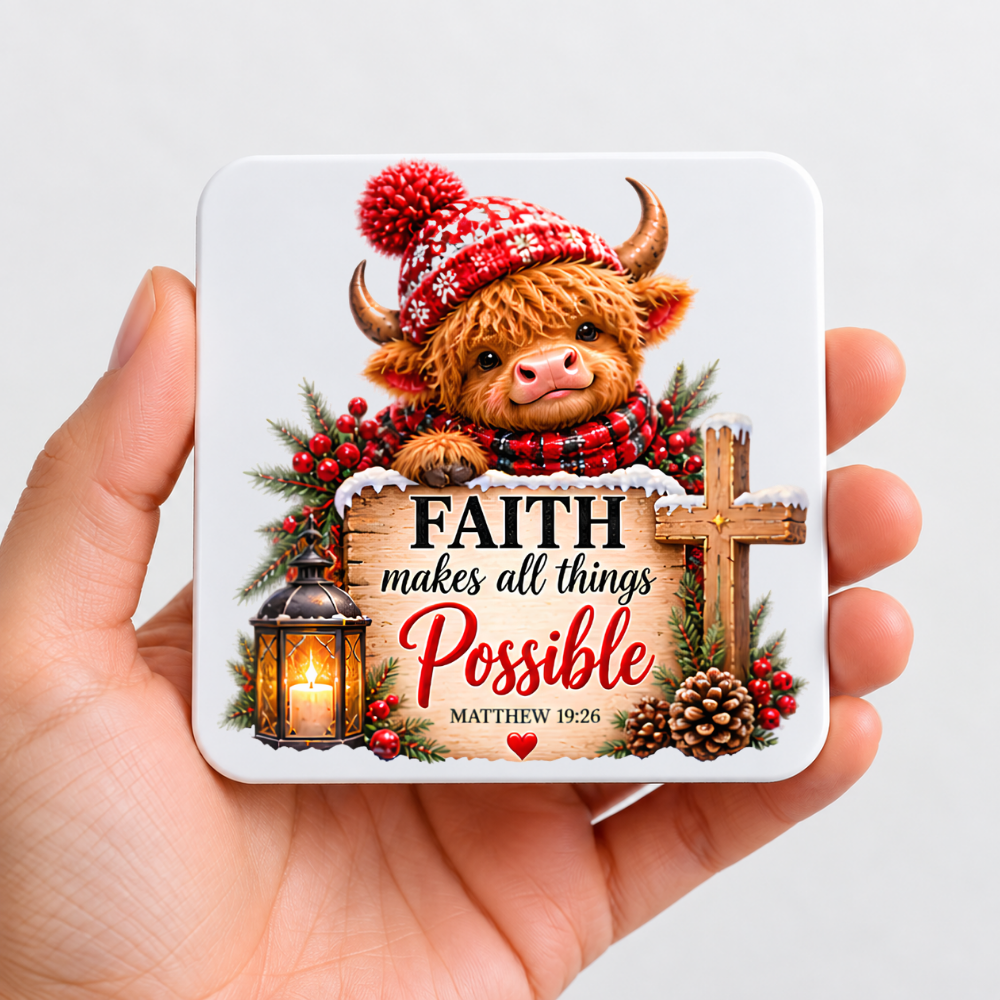 Inspirational Religious Highland Cow Hardboard Coaster "Faith Makes All Things Possible" Graphic 9cm x 9cm Square Drinks Coaster – Cute Cow in Bobble Hat, Cross, Lantern & Scripture Novelty Mat | Christian Glossy Gift | Fast Dispatch by UK Seller (C3040)