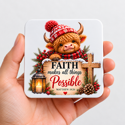 Inspirational Religious Highland Cow Hardboard Coaster "Faith Makes All Things Possible" Graphic 9cm x 9cm Square Drinks Coaster – Cute Cow in Bobble Hat, Cross, Lantern & Scripture Novelty Mat | Christian Glossy Gift | Fast Dispatch by UK Seller (C3040)