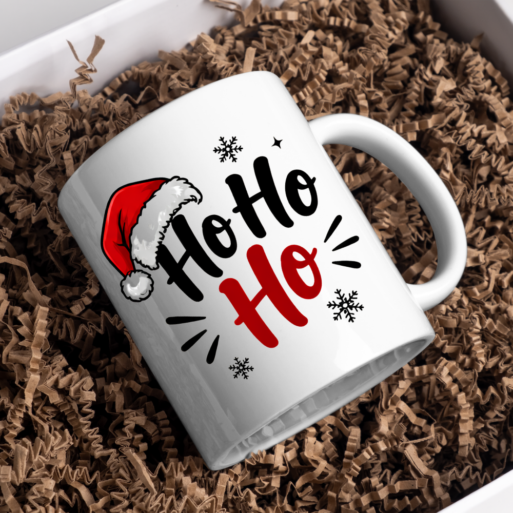 Christmas Santa Hat Mug "Ho Ho Ho" Ho Ho Ho 325ml Ceramic Coffee Mug – Festive Santa Claus Typography Slogan with Red Santa Hat, Snowflakes & Burst Lines | Winter Holiday Gift | Fast Dispatch by UK Seller (M3436)