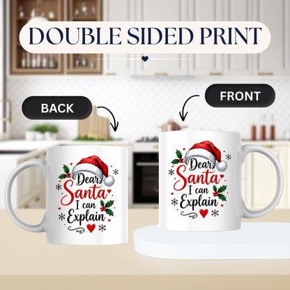 Humorous Mug "Dear Santa I can Explain" Santa Hat 325ml Ceramic Coffee Mug Funny Winter Holiday Tea Cup with Holly Berries & Slogan Gift | Available in Multicolours | Fast Dispatch by UK Seller (M1266)