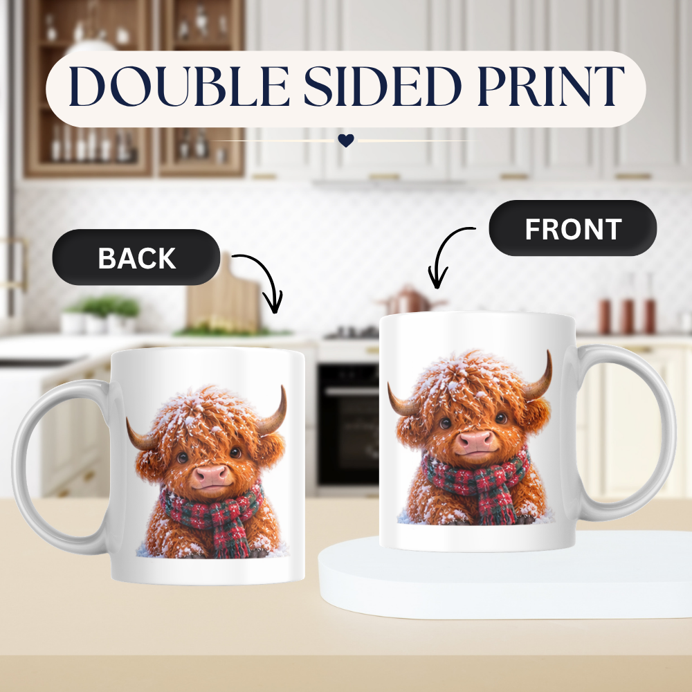 Winter Snow Highland Cow Coffee Mug - Fluffy Baby Animal in Plaid Scarf Ceramic Tea Cup for Christmas & Cozy Holiday Decor (M1215)