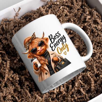 Highland Cow Mug "Boss Energy Only Highland Cow" 325ml Ceramic Coffee Mug – Stylish Highland Cow in Leopard Bow, Trench Coat Sunglasses Holding Coffee Cup Designer Bag Office Boss Gift | Available in Multicolours | Fast Dispatch by UK Seller (M3277)