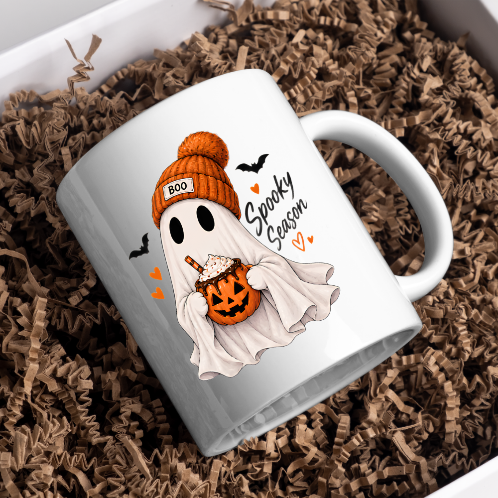 Halloween Mug "Ghost Spooky Season" Ghost Spooky Season 325ml Ceramic Coffee Mug – Cute Halloween Autumn Tea Cup with Sheet Ghost, "BOO" Orange Beanie Pumpkin Spice Coffee Mug Graphic Gift | Available in Multicolours | Fast Dispatch by UK Seller (M3222)